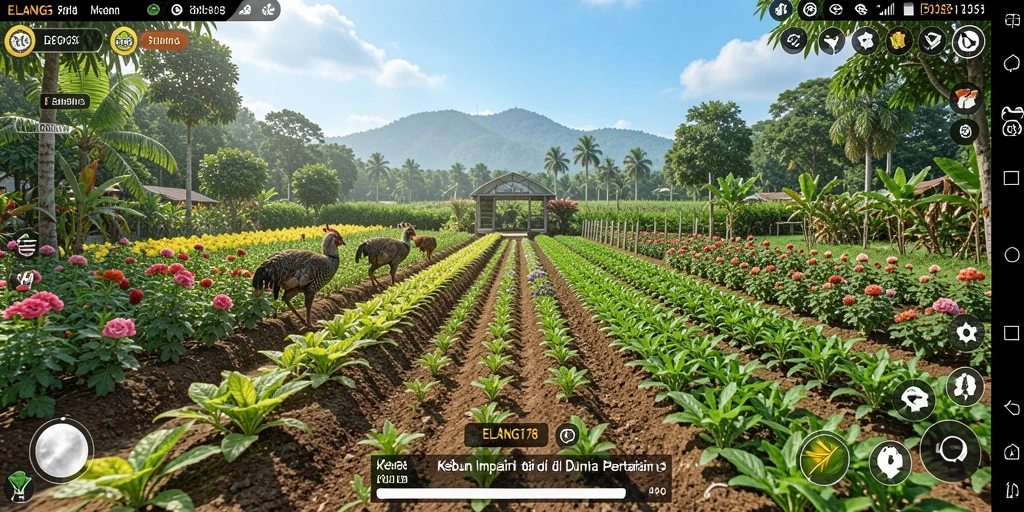 Screenshot gameplay ELANG178 menampilkan kebun yang subur dan hewan peliharaan.