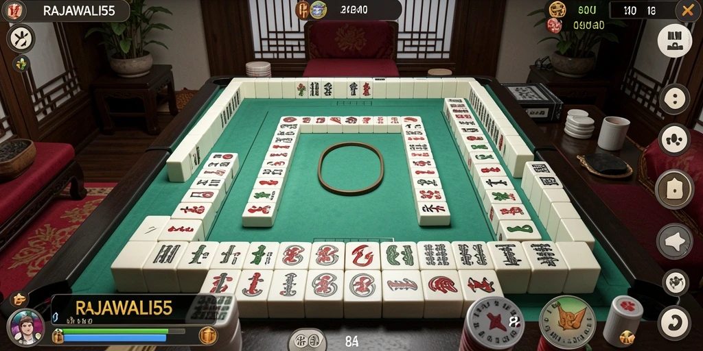 Tampilan utama gameplay RAJAWALI55 dengan ubin Mahjong berwarna-warni.